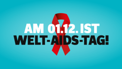 Bild zeigt einen blauen Hintergrund mit einer roten Aids-Schleife und der Aufschrift "Am 01.12. ist Welt-AIDS-Tag!"