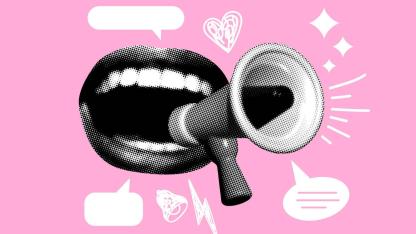Collage mit schreiendem Mund, Megafon und Sprechblasen auf rosa Hintergrund. Halbton-Zeitungselemente.