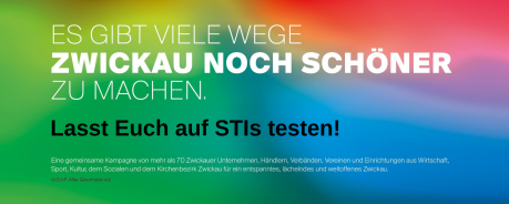 Das Bild zeigt einen regenbogenfarbenen Hintergrund. Im Vordergrund steht der Text "Es gibt viele Wege Zwickau schöner zu machen, Lasst Euch auf STIS testen!"