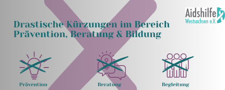 Im Hintergrund sieht man ein großes Kreuz. Darüber steht „Drastische Kürzungen im Bereich Prävention, Beratung und Begleitung“.