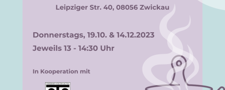 Hellblauer Hintergrund. In der Mitte ist eine helllila Box. Darin steht "Testtermine in der CTS Thermo Club Sauna Leipziger Str. 40, 08056 Zwickau Donnerstags, 19.10. & 14.12.2023 Jeweils 13-14:30 Uhr. In Kooperation mit. Darunter ist das Logo von der Thermo Club Sauna. Darunter steht: Gerne mit Voranmeldung unter 0375 296010. Daneben ist ein dampfender Behälter zu sehen. Das Bild wird von Dampfwolken umrahmt. 