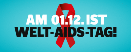 Bild zeigt einen blauen Hintergrund mit einer roten Aids-Schleife und der Aufschrift "Am 01.12. ist Welt-AIDS-Tag!"
