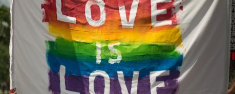 Bild zeigt eine weiße Flagge auf der die Regenbogenfarben (rot, orange, gelb, grün, blau, lila) zu sehen sind. Darauf steht in weißer Schrift "Love is Love". Die Flagge wird von Händen gehalten. 