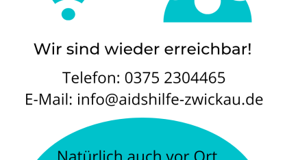 Ein weißer Untergrund. Oben ein blaues WLAN Symbol und ein blaues Telefonsymbol. Darunter der Text in schwarz: Wir sind wieder erreichbar! Telefon: 03752304465 Email: info@aidshilfe-zwickau.de" Auf einem blauen Kreis, der teilweise über den Bildrand hinausgeht steht außerdem "Natürlich auch vor Ort, online und über den Messenger 'Signal'"